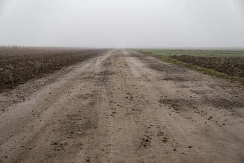 Landscape with ground road through fields during foggy day Stock Photos