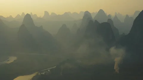 Landscape of Guilin at sunset, Li River and Karst mountains Stock Footage 64830128