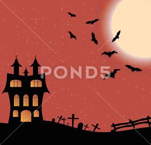 Landscape with a Halloween castle and big moon Stock Illustration