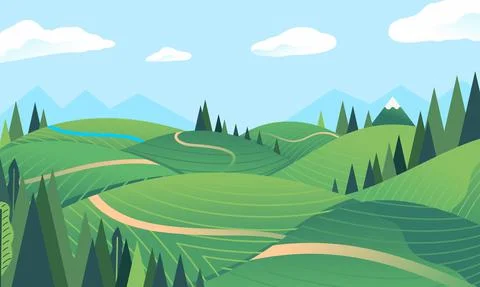 Landscape hill, mountain in the background, forest, green field, small river Stock Illustration