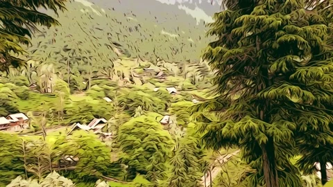 Landscape homes Loop background with blue summer sky and tree crowns with gre Stock Footage 220478142