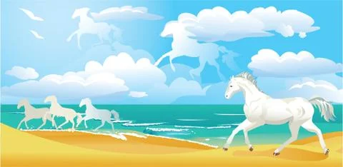 Landscape with horses and clouds Stock Illustration