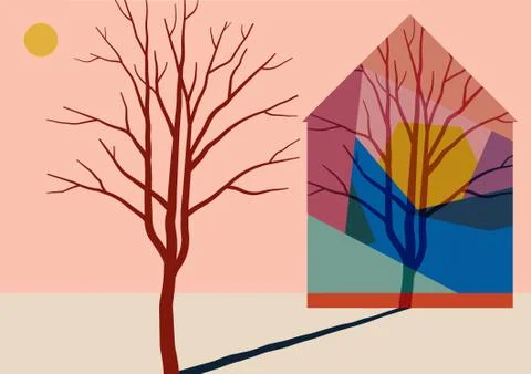 Landscape with a house and a tree Stock Illustration