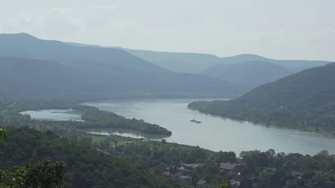 Landscape at a hungarian mountain with river Dunau, Danube Stock Footage 71314799