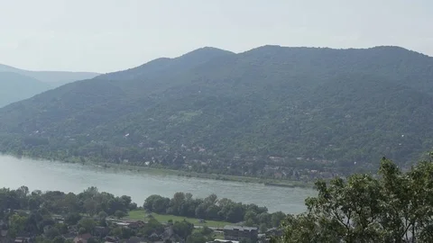 Landscape at a hungarian mountain with river Dunau, Danube Stock Footage 71314853