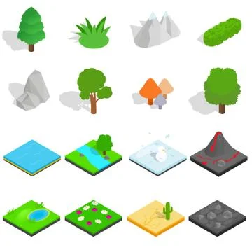 Landscape icons set, isometric 3d style Stock Illustration