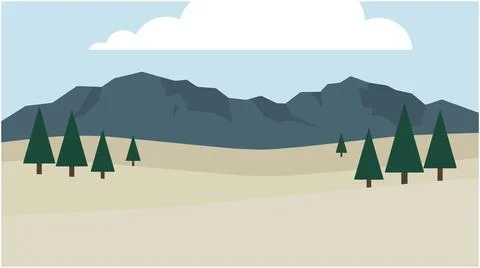 Landscape illustration of mountain range and pine forest with mountain, tra.. Stock Illustration