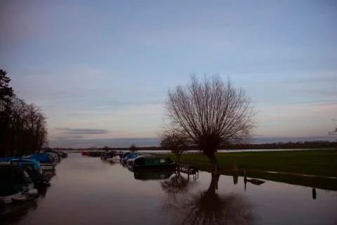 A landscape image featuring a canal in River Thames, near Port Meadow, Oxford Stock Photos