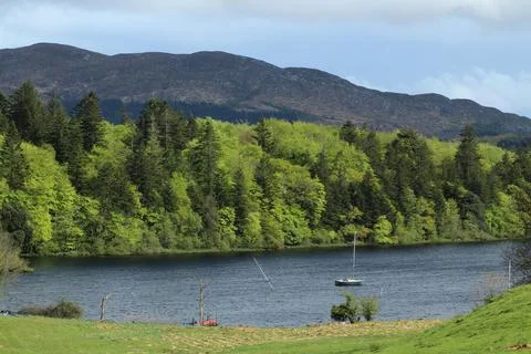 Landscape in Ireland featuring fields, river, forest and mountains Stock Photos