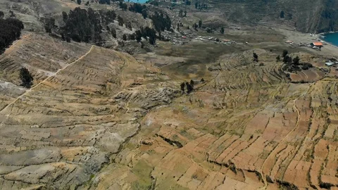 Landscape of Isla del Sol with stepped agricultural terraces Stock Footage 124507954