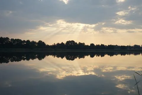 Landscape of lake in the forest. Trees reflection in the water. Stock Photos
