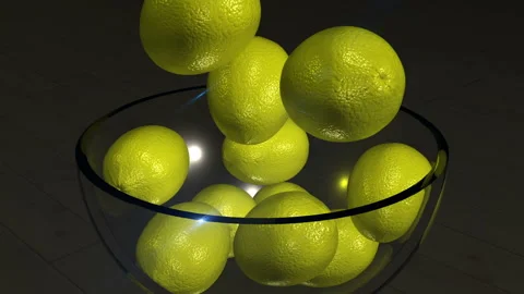 Landscape of lemons falling slowly on glass Stock Footage 136146604