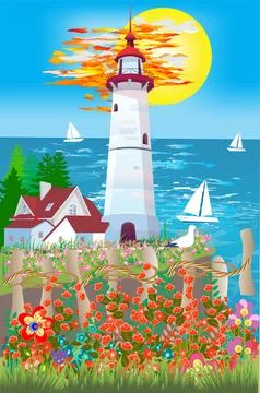 Landscape with a lighthouse, Stock Illustration