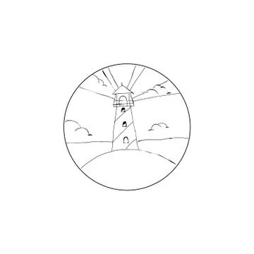 Landscape with lighthouse with rays of light and clouds on the seashore insid Stock Illustration