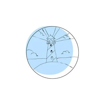 Landscape with lighthouse with rays of light and clouds on the seashore insid Stock Illustration