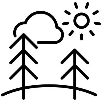 Landscape line icon with pine trees sun and cloud. Outline vector sign. Stock Illustration