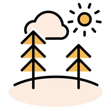 Landscape line icon with pine trees sun and cloud. Outline vector sign. Stock Illustration