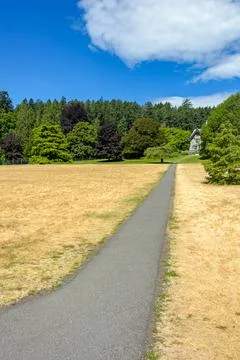 Landscape with long pathway over yellow lawn to a historic residential building Photos