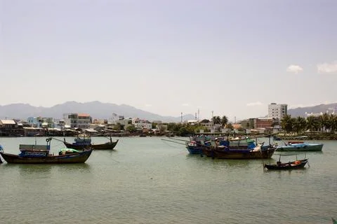 Landscape look view point Small fishing boat wooden parked coast sea beach Stock Photos