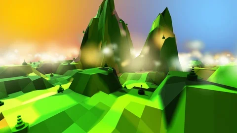 Landscape low poly 3D render mountains trees hills abstract outdoor environment Stock Footage 105981677