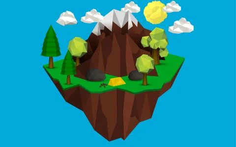 Landscape of low poly rock mountain and forest on the island on the the sky Stock Illustration