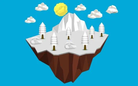 Landscape of low poly snow forest on the island on the sky Stock Illustration