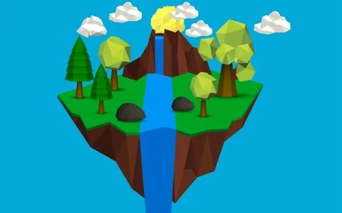 Landscape of low poly waterfall in forest on the island on the the sky Stock Illustration