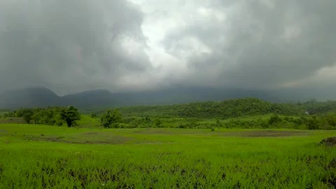 Landscape of lush green and mountain range Stock Footage