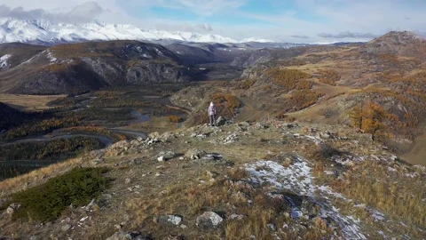 Landscape with a man on a background of mountains Stock Footage 220034180