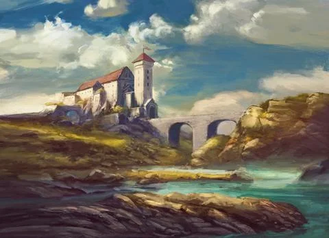 Landscape with medieval castle on cliff, stone bridge over river Illustrazione stock