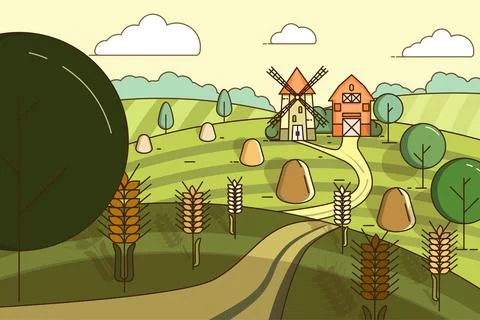 Landscape with a mill and a barn in the middle of fields with wheat. Vector Stock Illustration