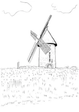 Landscape with a mill Stock Illustration