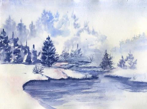 Landscape with misty winter forest, river and mountains. Watercolor illustration Stock Illustration
