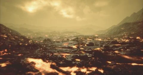 Landscape of molten lava flows under a dramatic sky during sunset Stock Illustration