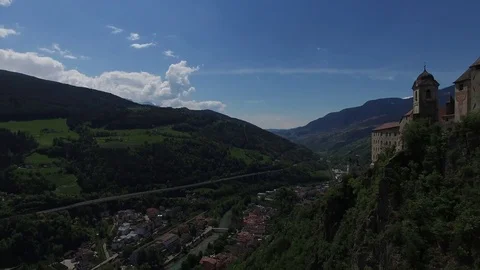 Landscape with Monastery of Saeben and view of the Dolomites. Drone Footage Stock Footage 83417422