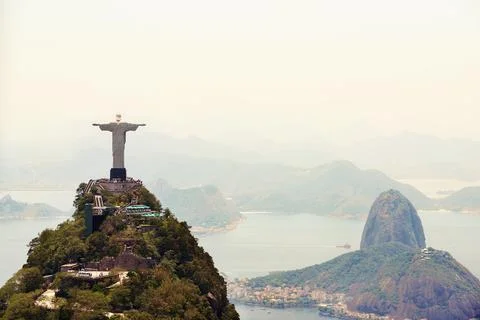 Landscape, monument and aerial of Christ the Redeemer for tourism, sightseeing Stock Photos