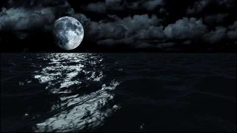 Landscape moon light at night over a dark sea and clouds Stock Footage 124773636