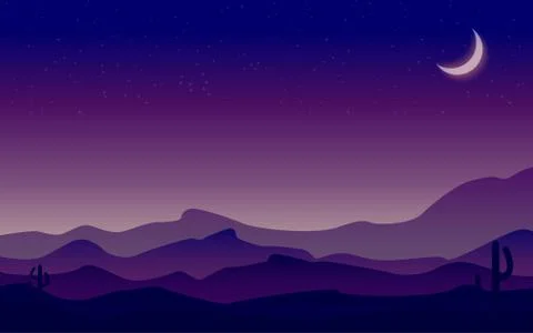 Landscape moon night on a background of a mountain landscape with desert and  Stock Illustration
