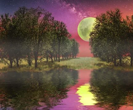 Landscape with the moon in the park reflection in the water of trees Stock Illustration