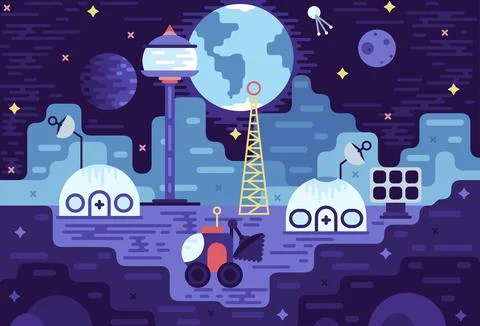 Landscape of moon surface with colony base. Galaxy exploration and colonization Stock Illustration