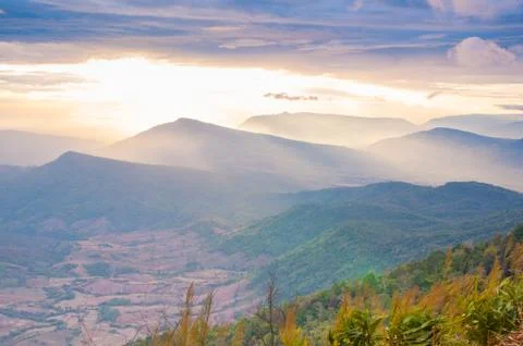 Landscape mountain and cloud with sun light morning time. Stock Photos