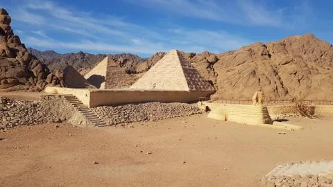 Landscape with mountain with mini pyramids and sphinx in Safari Sharm, Egypt Stock Photos