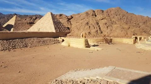 Landscape with mountain with mini pyramids and sphinx in Safari Sharm, Egypt Stock Photos