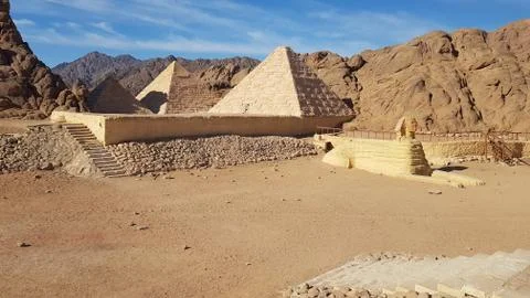 Landscape with mountain with mini pyramids and sphinx in Safari Sharm, Egypt Stock Photos