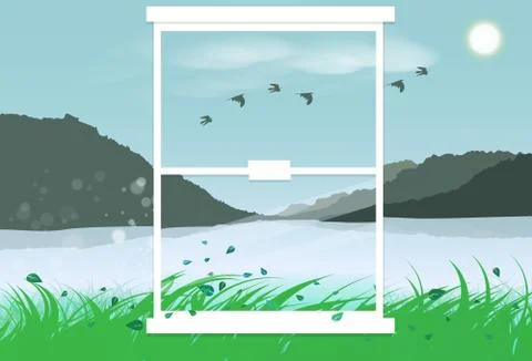 Landscape mountain outside mirror flat interior design showing grass, leaves Stock Illustration