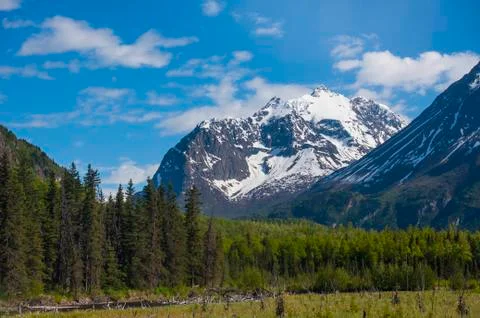 A landscape of a mountain valley in Eagle River on a warm summer afternoon in So Stock Photos