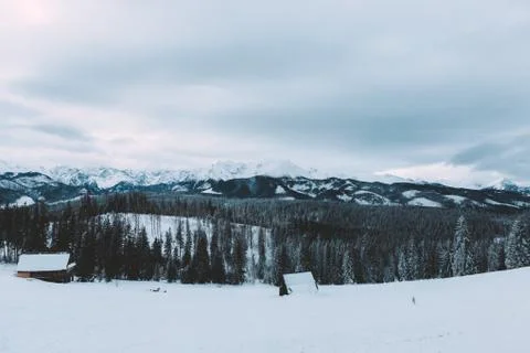 Landscape of mountain village around forest. Snow, clouds. Winter time. Slova Stock Photos