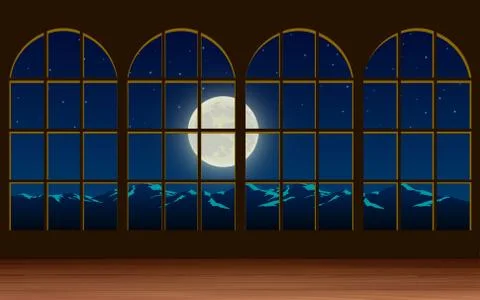 Landscape of the mountain at windows in the full moon night Stock Illustration