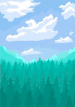 Landscape, mountains and pine forest, blue sky with clouds. Vector flat Stock Illustration