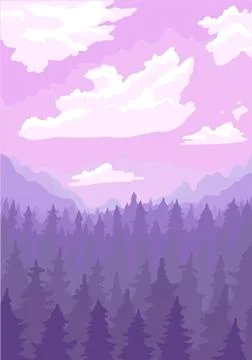 Landscape, mountains and pine forest, sky with clouds. Vector flat background Illustrazione stock